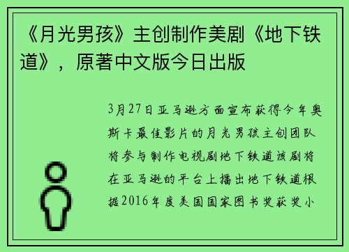 《月光男孩》主创制作美剧《地下铁道》，原著中文版今日出版