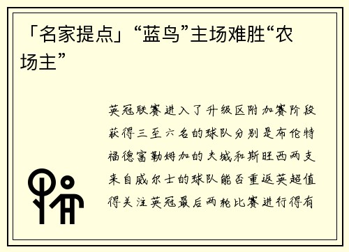 「名家提点」“蓝鸟”主场难胜“农场主”