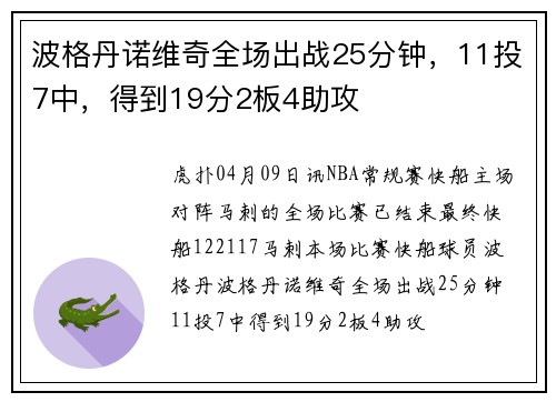 波格丹诺维奇全场出战25分钟，11投7中，得到19分2板4助攻