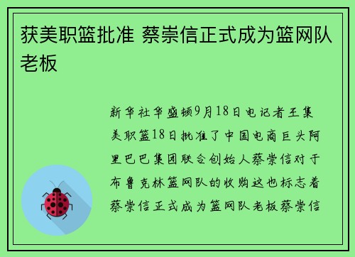 获美职篮批准 蔡崇信正式成为篮网队老板